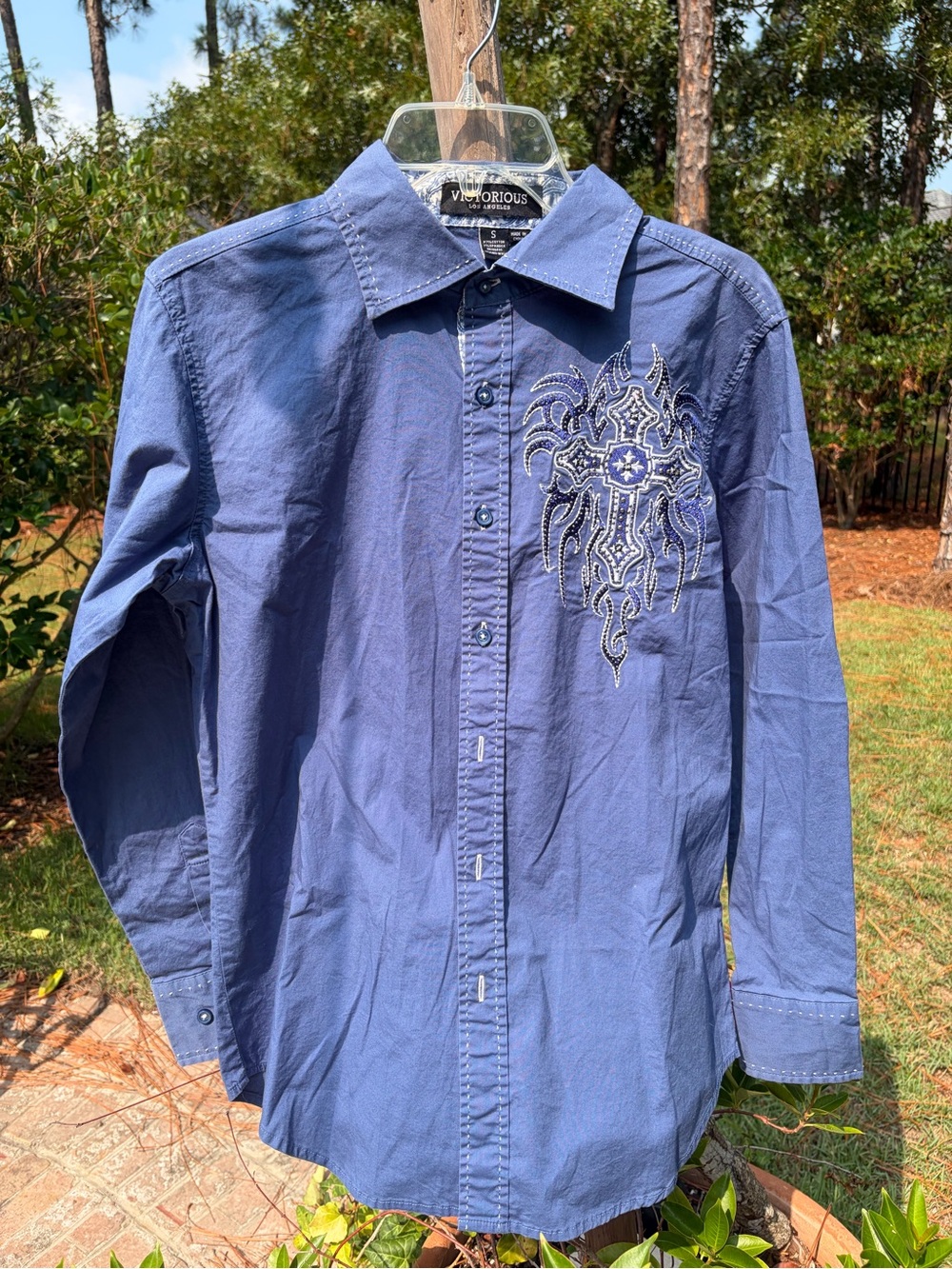 VICTORIOUS Mens Blue Long Sleeve Button Shirt Flip Cuffs western Embellished M